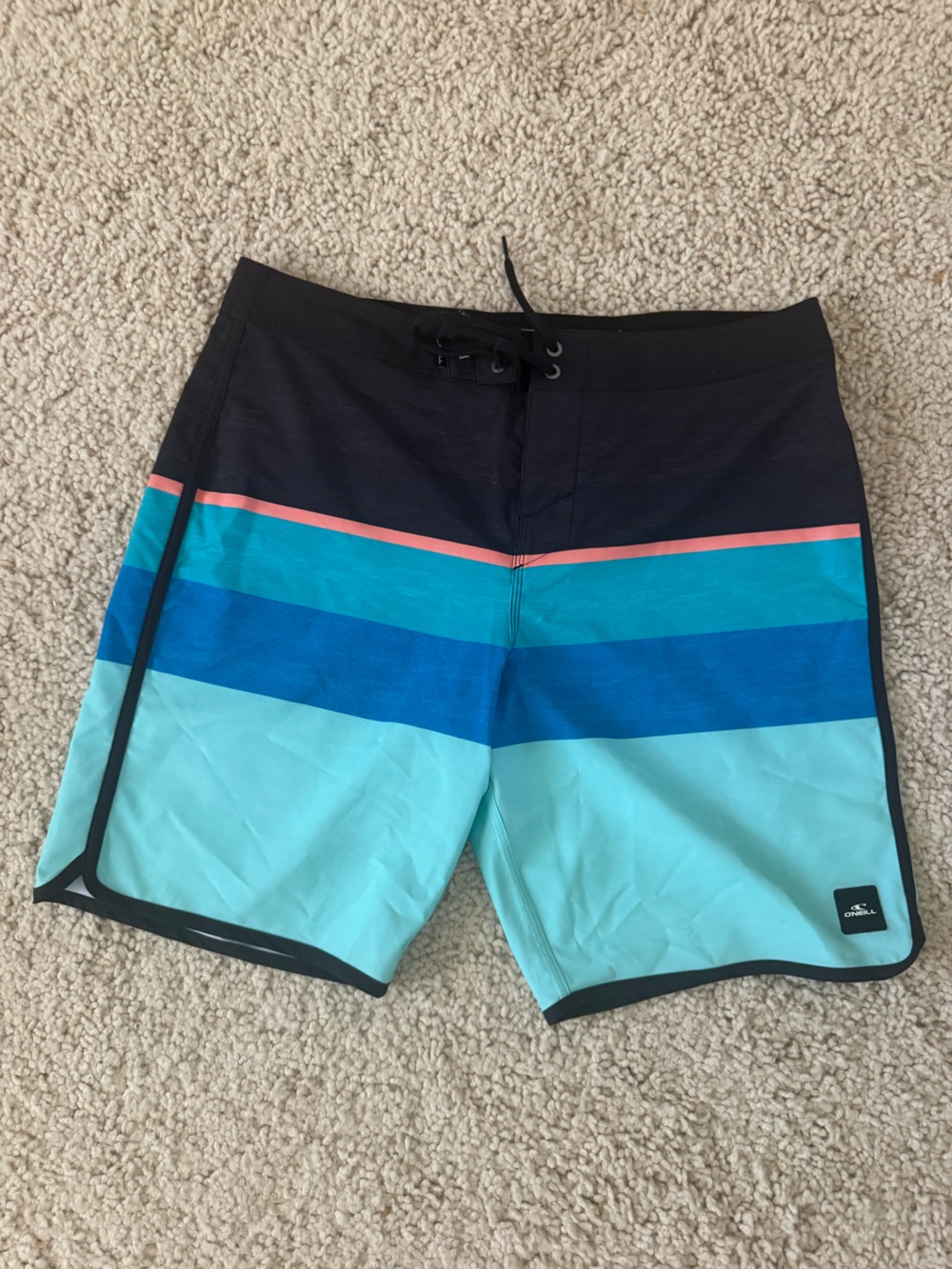 O'Neill Men's Swim Trunks Teal & Navy Striped Stretch- O’Neill Hyperdry